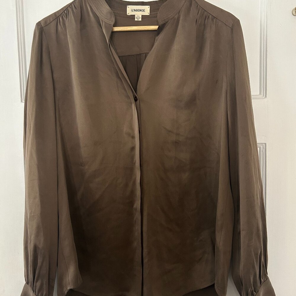 L'Agence Chocolate Brown Silk Button Down Blouse Size Medium